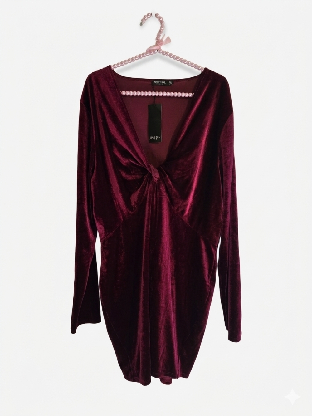 Nasty Gal Velvet V-Neck Long Sleeve Dress in Wine